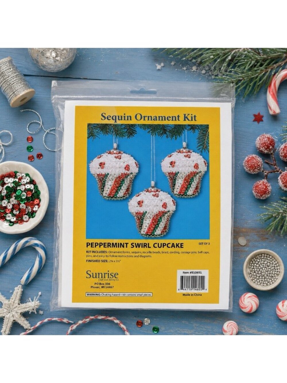Vintage Sunrise Sequin Push Pin Ornament Xmas Craft Kit Peppermint Swirl Cupcake
